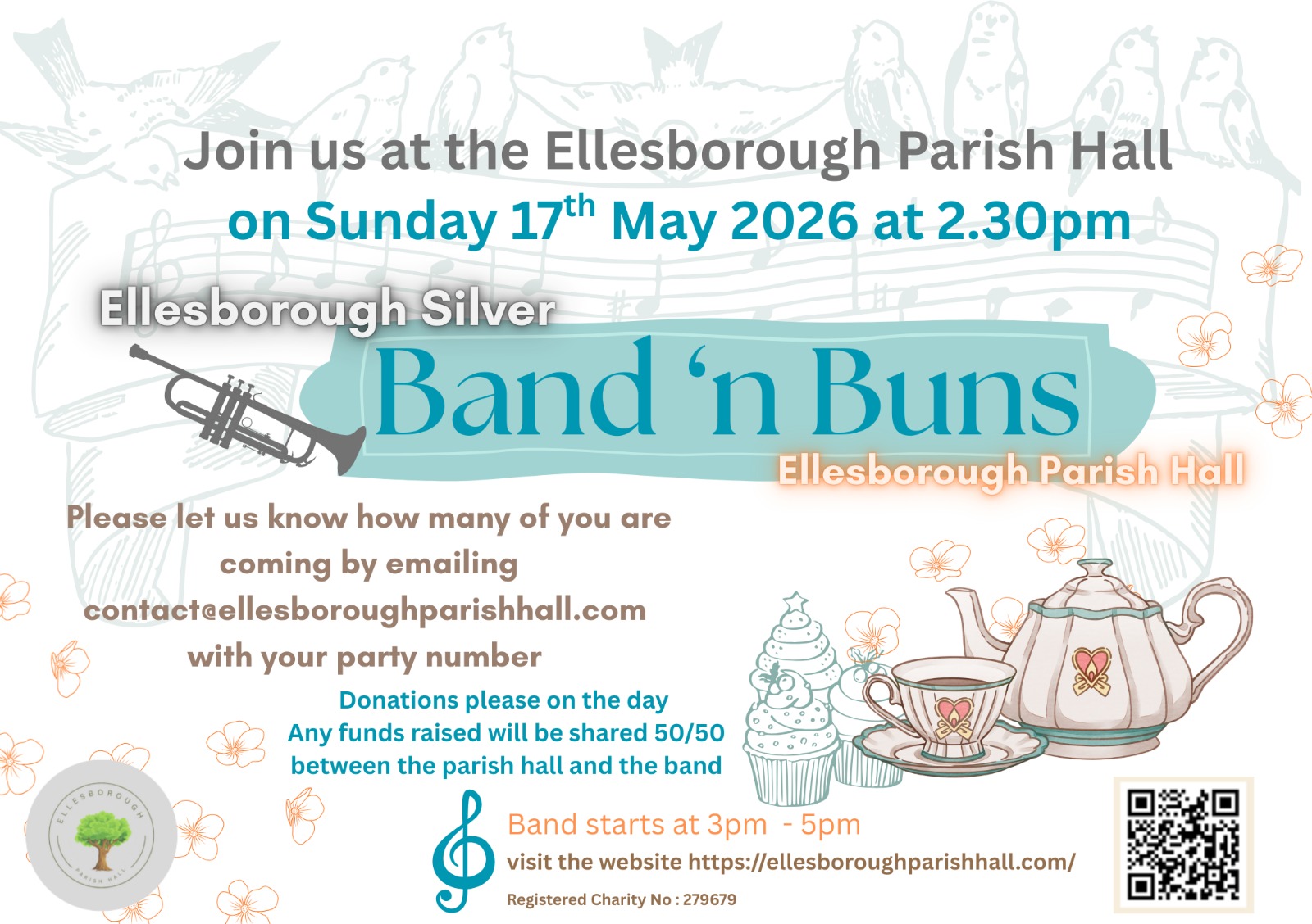 Image of poster: Band 'n Buns - Band will start at 3pm. Email contactellesboroughparishhall.com to confirm attendance. 